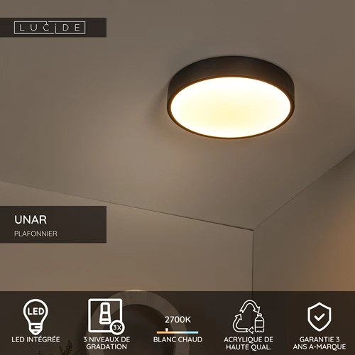 Lucide UNAR - Plafonnier - Ø 30 cm - LED 3 StepDim - 1x18W 2700K - Noir - USP